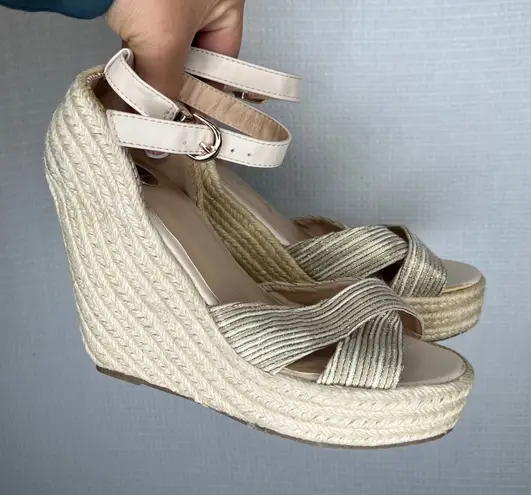 LOB Footwear Womens Espadrille Platform Wedge Sandals Cross Strap Gold Strappy Size 6.5