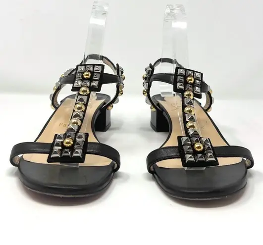 Christian Louboutin  Kaleidra Metallic Silver Gold Studded Black Leather Sandals