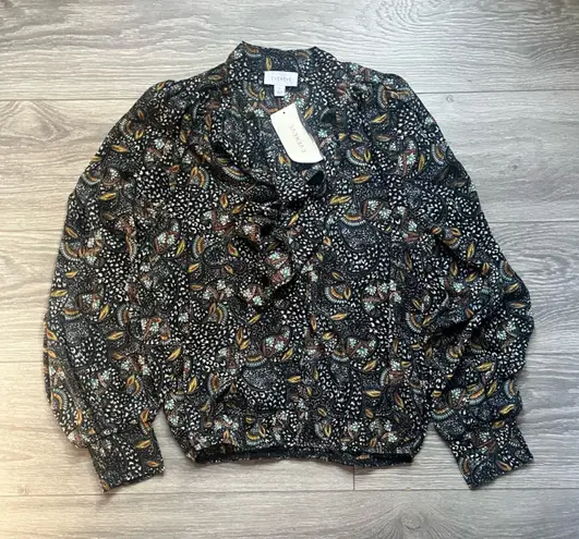 Evereve NEW  Black Blue Yellow Long Sleeve Tie Neck Paisley Ruffle Top Size S