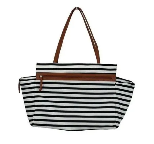 DSW Exclusive-Striped Overnighter Large Tote Bag Black White Canvas Strap Pocket