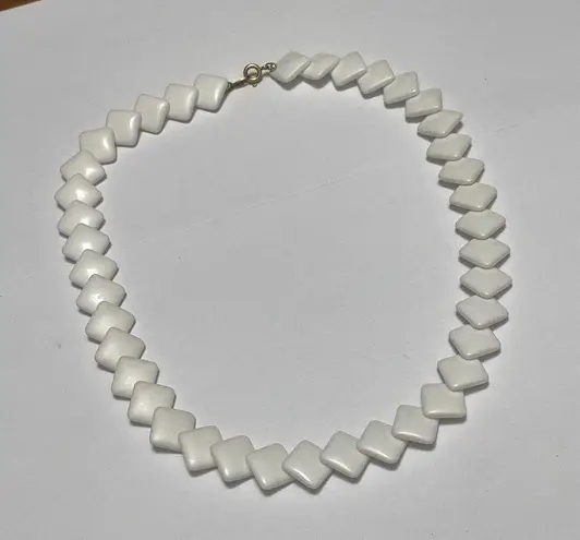 Trifari Signed White Plastic Beads Necklace Gold Tone Clasp