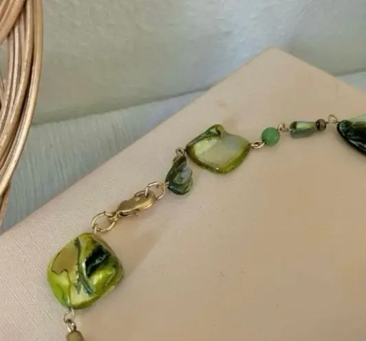 Green Abalone Necklace Vintage “Tigris” Remade Shell Beachy Assymetric Boho