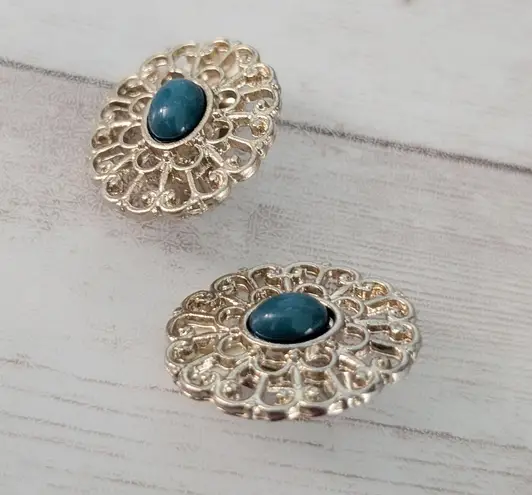Vintage Clip On Earrings Large Ornate Gold Tone with Dark Teal Center Statement Green