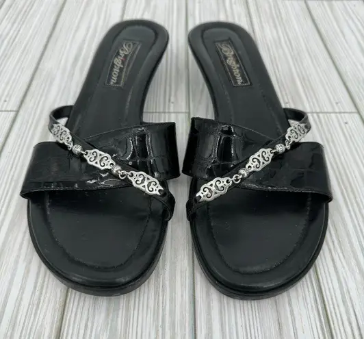 Brighton  Hayley sandals black croc patent leather wedge slip on slides size 7