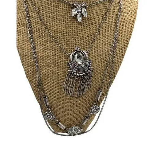 Multi Layer Silver Tone Necklace Clear Crystal Accents Lobster Clasp Adjustable