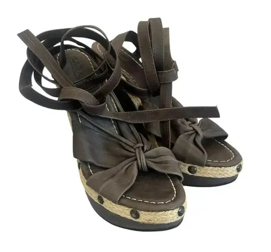 La Perla Brown Leather Ankle Lace-Up Wedges Sandals Jute Stud Size 39 8 Women's
