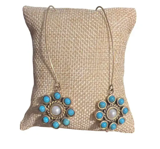 Vintage Gold Tone Drop Earrings Faux Turquoise Pearl Flower Estate Long Hook 3"