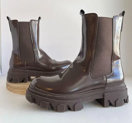 Dream Paris Dream Pairs Chocolate Brown Shiny Water Resistant Chunky Pull on Boots 8.5