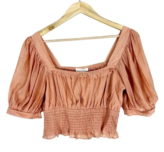 By The River Crop Top Womens L Peach Puff Sleeve Cropped Cottagecore Peasant Orange Size L