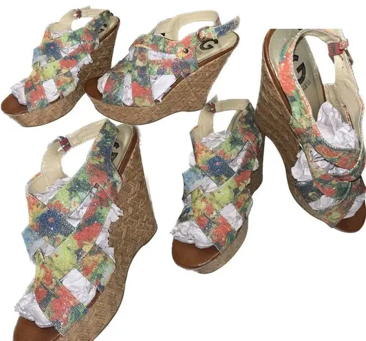 G by Guess Floral Vibrant Glitter Strappy Wedges Platform Shoes - Size 11M