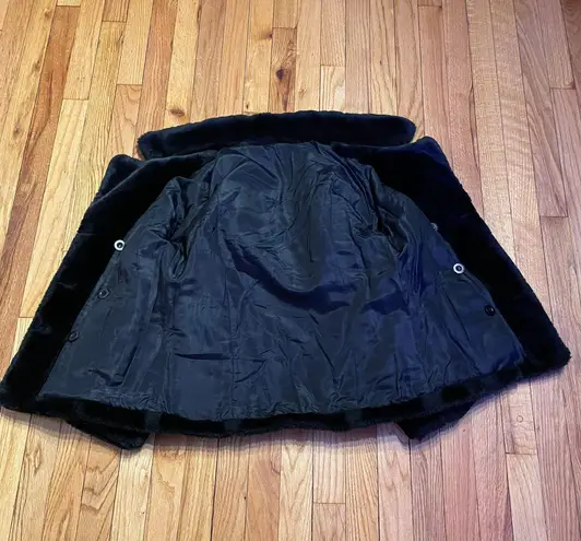 Vintage Faux Fur Double Breast wrap collar crop blazer Teddy Shearling Fuzzy Sherpa Puffy Varsity winter warm rave Black