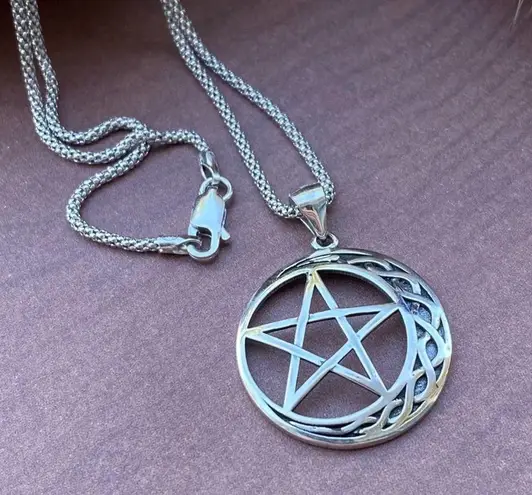 Crescent Celtic Moon And Star Sterling Silver Necklace Popcorn Chain