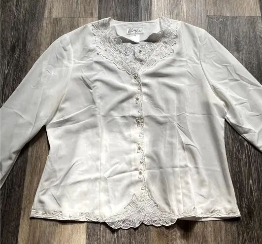 Vintage 90s Satin Beaded Pearl Lace Silk White Going Out Top 14 Old Money Luxury