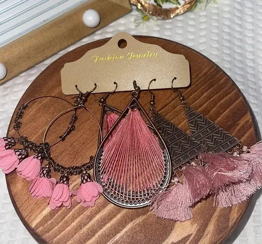 Earrings Dangle Boho Drop Tassel Jewelry Pink Statement 3 Pairs Girl women New.