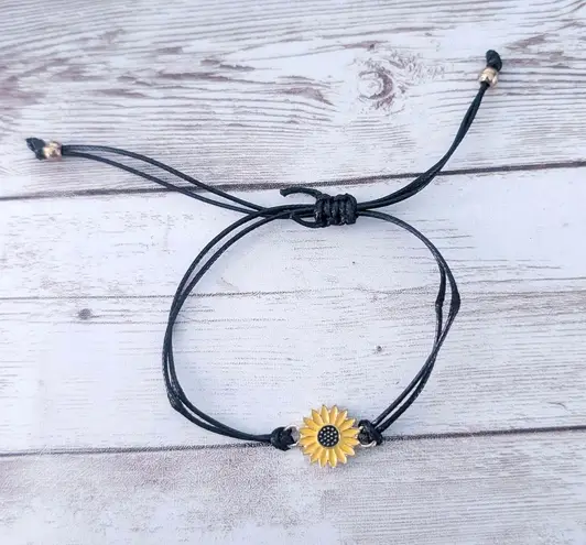 Adjustable Black Cord Bracelet with Sunflower Charm
