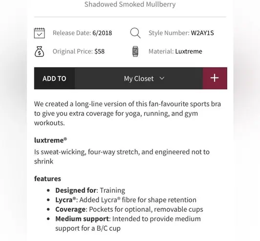 Lululemon  Energy Sports Bra Long Line Shadowed Smoked Mullberry Size 4