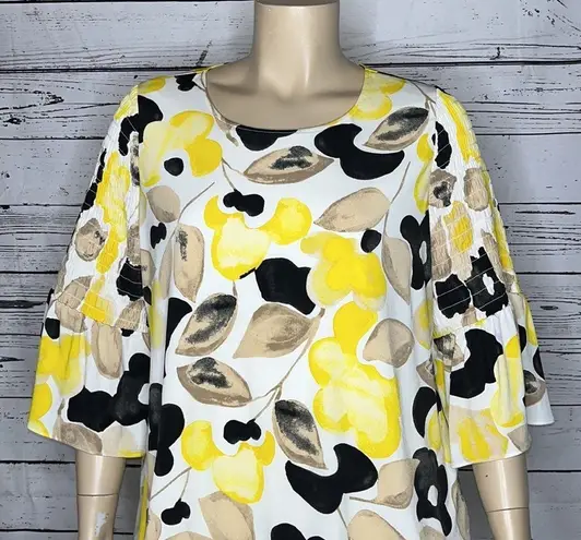 Alfani 2X Yellow Watercolor Floral Print Smock Bell Sleeve Bubble Hem Blouse Top