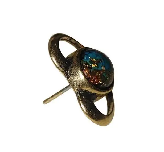 Vintage Lapel Pin Tie Tack Gold Flake Teal Tone Heart Pin Blue Goldstone Center