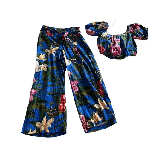 Cupcakes And Cashmere 2 Pc Linen Blend Tropical Print Matching Set Size Small Blue