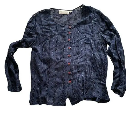 Vintage Passports Pier 1 long sleeve semi sheer navy embroidered button up top L Blue Size L