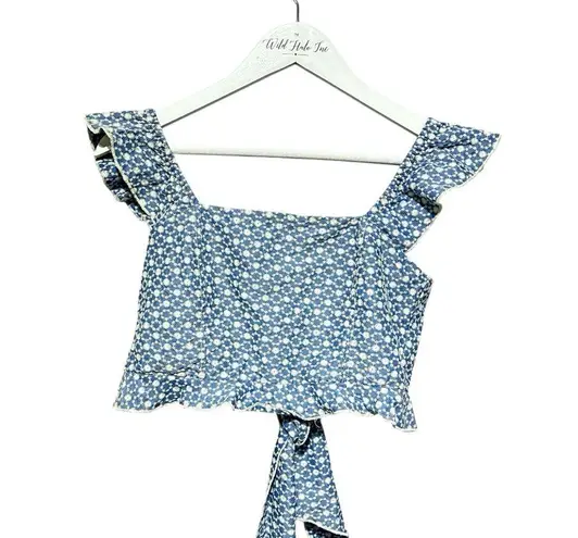 Blue Ruffle Adjustable Fit Tie Back Blue White Crop Small