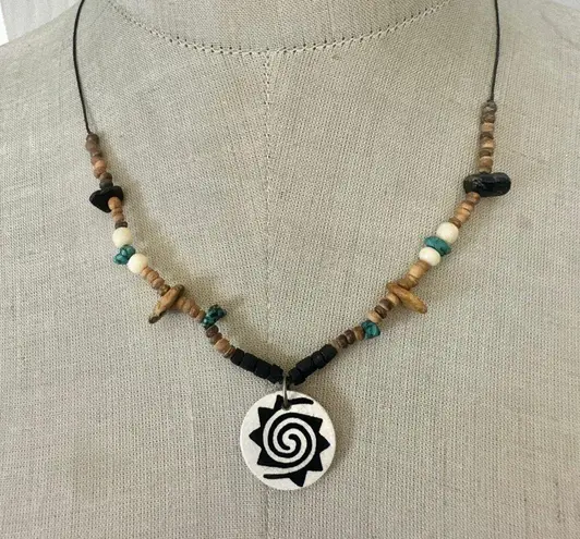 Handmade Ceramic Spiral Sun Pendant Boho Necklace