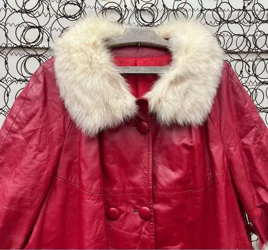 Vint 60s 70s Red Leather & Silver Fox Fur Collar Mrs Claus Christmas Trench Coat Size XL