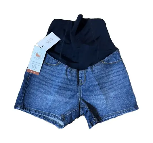 Women's' Crossover Panel Over Belly MIDI Size 2 Jean Shorts Isabel Maternity Blue - Image 1