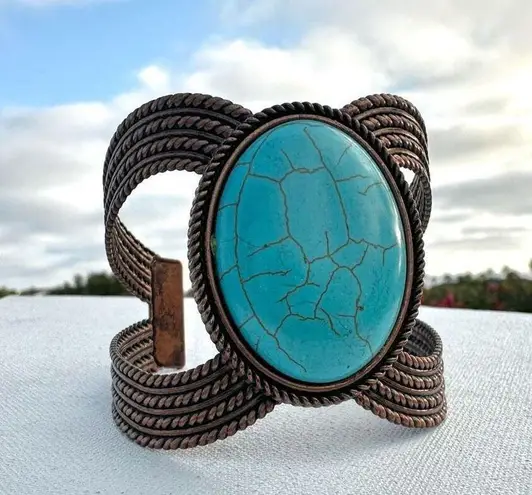 Turquoise blue and copper tone cuff bracelet