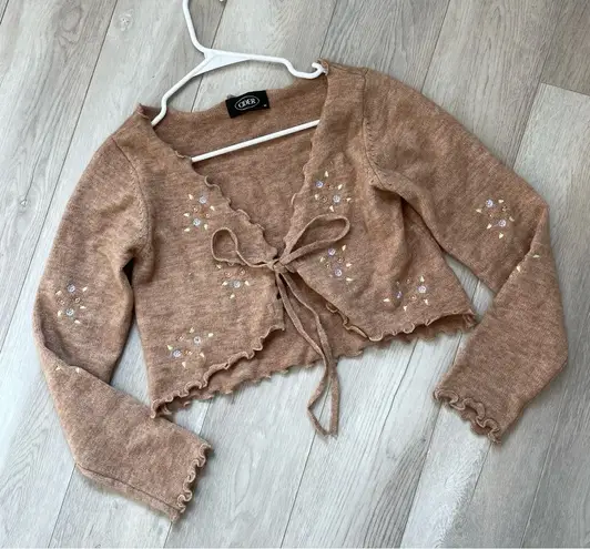 Cider Embroidered Cardigan Sweater Brown medium floral open tie front coquette