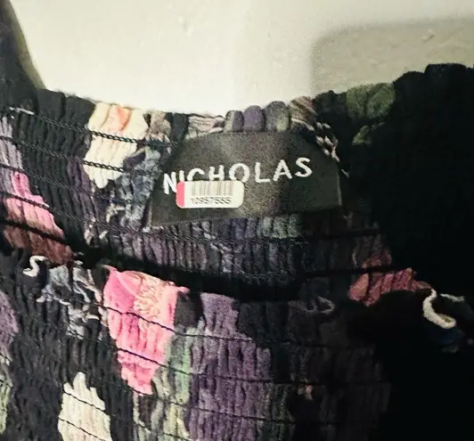 Nicholas Black Purple Floral 100% Silk Square Neckline A