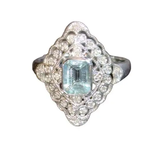 10K White Gold 1.0CT Blue Topaz & Real Diamond 2.9G Women’s Ring size 8