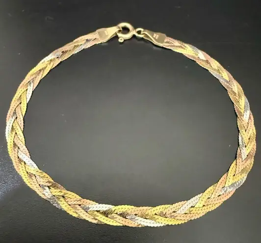 Vintage AURAFIN 14k Italy Tricolor 4mm Braided Flat Snake Chain 7" Bracelet 3g. Gold