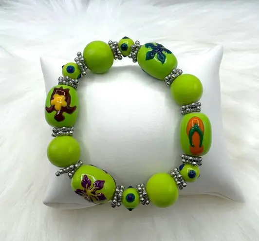 Large Beads Summer Floral Design Beaded Beach Bracelet in Green