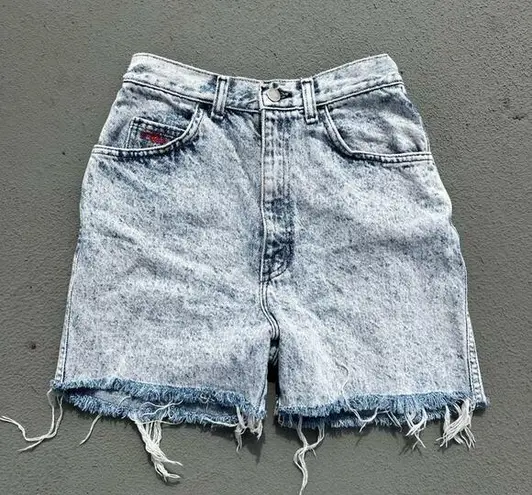 Vint 80s Congo Traders high rise acid wash cut off fray hem bareback Jean shorts Blue Size 25