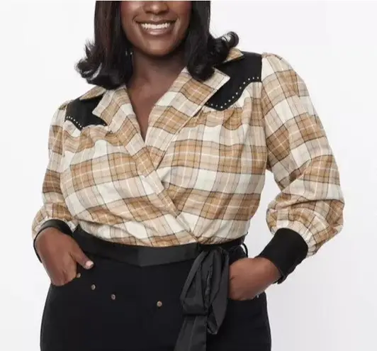 Unique Vintage Plaid Wrap Top Studded Western Cropped size xl/14