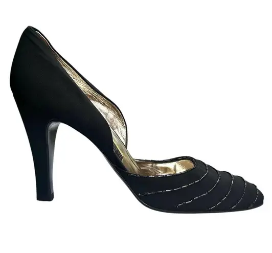 Vintage Black Beaded Heels Pumps Gino Aldrovandi Leather EU 38 1/2 US 8 Formal