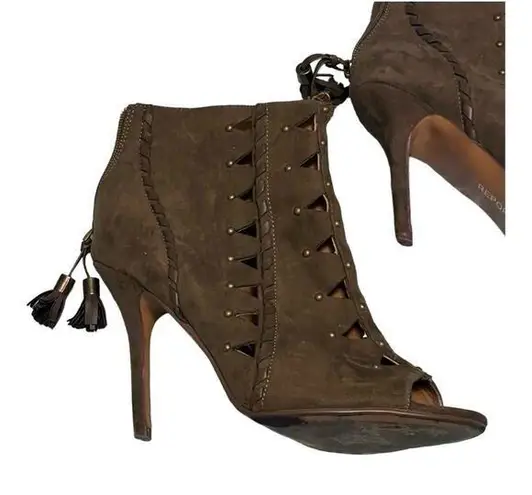 Report Olive Green Cutouts Brads Moto Heels Size 9 Cowboy Western Fringe Biker