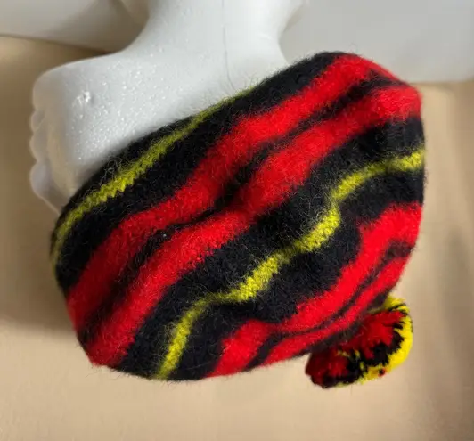MZ Wallace Wallace Wool Beret Hat Striped Red Black Yellow Pom Pom Made in Scotland