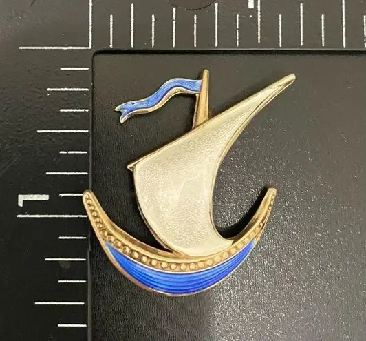 intage Ivar T Holth Norway 925 Sterling Silver Guilloche Enamel Sail Boat Brooch Blue