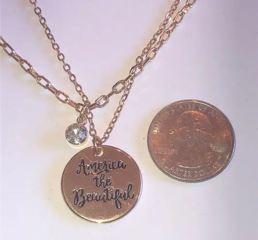 Lot of 2 Gold Tone Dainty CZ Rhinestone America The Beautiful Pendant Necklaces