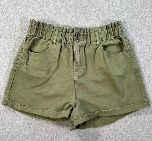 A loves A High Waisted Distressed Shorts Size 28 Army Green Denim Elastic Waist