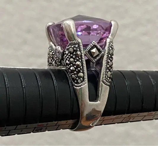 Amethyst Vintage Purple & Marcasite 925 Sterling Silver 16mm Cocktail Ring Sz 8