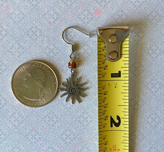 Handmade simple retro vintage boho funky hippie style stainless steel sun & brown glass beads dangle earrings☀️