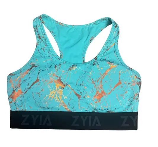 Zyia Active Teal Marble Copper Metallic Racerback Sports Bra Medium Blue