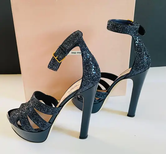 Miu Miu Patent Leather Glitter Accents Platform Sandals Blue Sz 10/40 Brand New