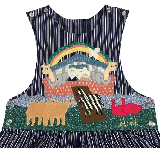 Handmade Artisan Applique Noah's Ark Jumper Dress Navy Pinstripe Est. Size L