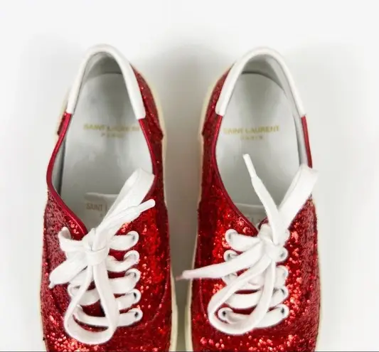 Saint Laurent Skate Red Glitter Sneakers Lace Up Low Top Size 37