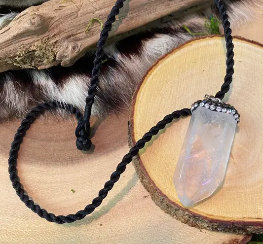 Clear Quartz stone encrusted pendant on silk cord White