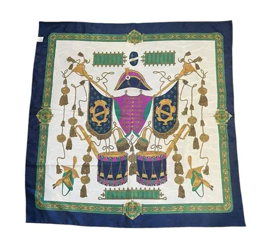 VTG 1970's Coat of Arms Scarf Polyester Iridescent White Blue Gold Square 33”